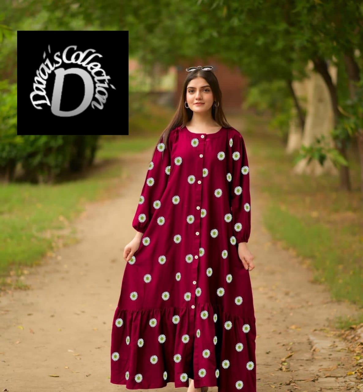 Multi Flower Embroidered With Kaaj Button Long Flare Only Frock